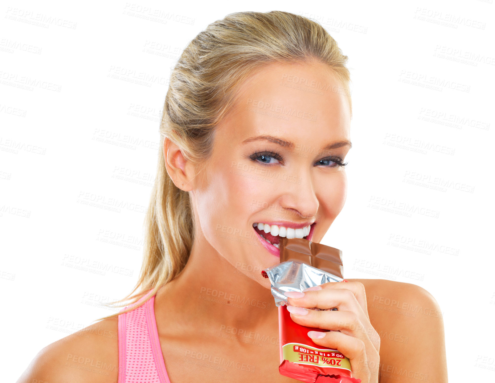 Buy stock photo White background, portrait and bite of chocolate by woman, smile and cheat day on diet for athlete. Adult, female person and girl with happy for dessert to enjoy after exercise or workout in studio