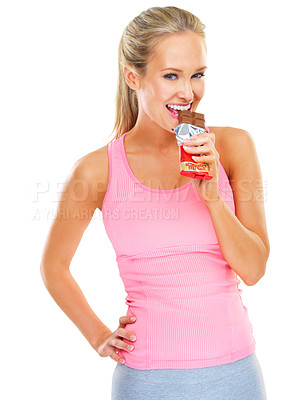 Buy stock photo Smile, athlete or portrait of woman with chocolate, snack or cheat meal on diet in studio on white background. Candy, bite or lady with treat, dessert or energy bar in exercise or fitness workout