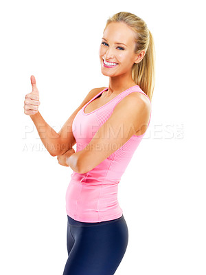 Buy stock photo Fitness, studio and portrait of woman with thumbs up for workout motivation, support or agreement. Female person, smile and hand with gesture for training, exercise or achievement on white background