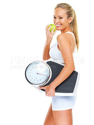 Buy stock photo Fitness, scale and portrait of woman with apple in studio for diet, detox and healthy body by white background. Happiness, green fruit and female athlete person for training, nutrition and wellness