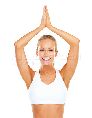Buy stock photo Yoga, smile and portrait of woman in studio for peace, wellness or mindfulness in calm meditation. Happy, relax or zen person on white background for spiritual healing, prayer hands or mental health