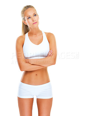 Buy stock photo Woman, fitness and thinking in studio with white background for health, diet and wellness. Female person, athlete and girl with planning, sportswear and vision for weight loss, idea and nutrition 