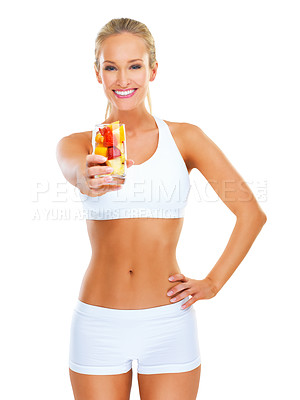 Buy stock photo Woman, fruit and portrait for exercise, diet and fitness goals on white background. Young person, nutritionist or dietician and smile with snack for health and happy for detox, workout and weightloss
