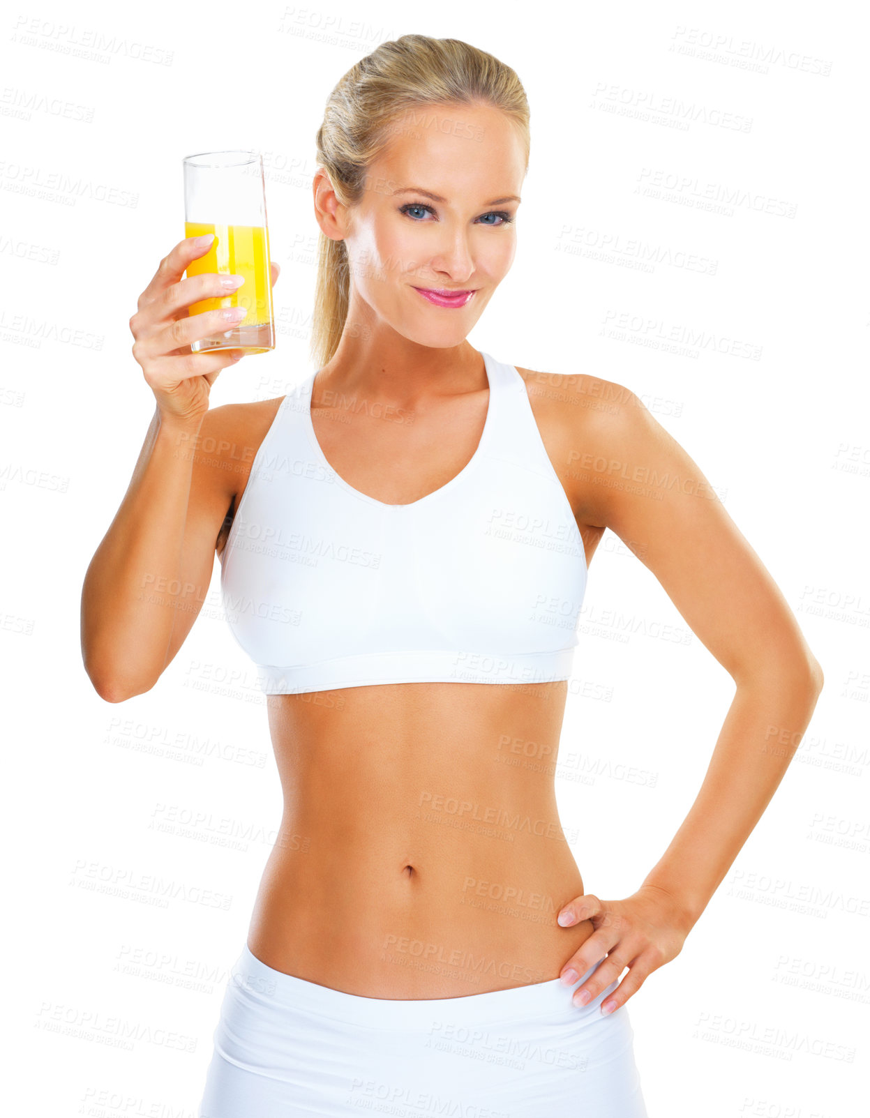 Buy stock photo Woman, portrait and glass of juice in studio, fitness and vitamin c liquid on white background. Female person, smile and drink or smoothie for weight loss, organic diet and citrus detox for minerals