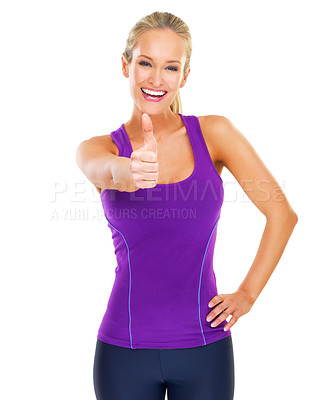 Buy stock photo Woman, thumbs up and portrait for exercise, diet and fitness goals on white background. Young person, nutritionist or Model isolated and smile for good job, health and workout for cardio in studio