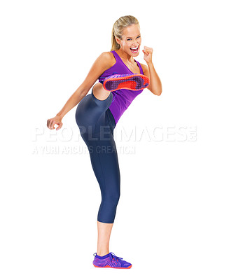 Buy stock photo Fitness, kick and portrait of excited woman in studio for kickboxing, defense or training on white background. Energy, power and female model with leg stretching for martial arts, karate or workout