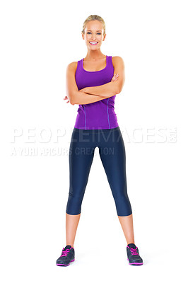 Buy stock photo Portrait, confident and woman in studio for exercise or fitness with mockup space, happiness and sportswear for workout. Female person, isolated and white background for training or cardio for health