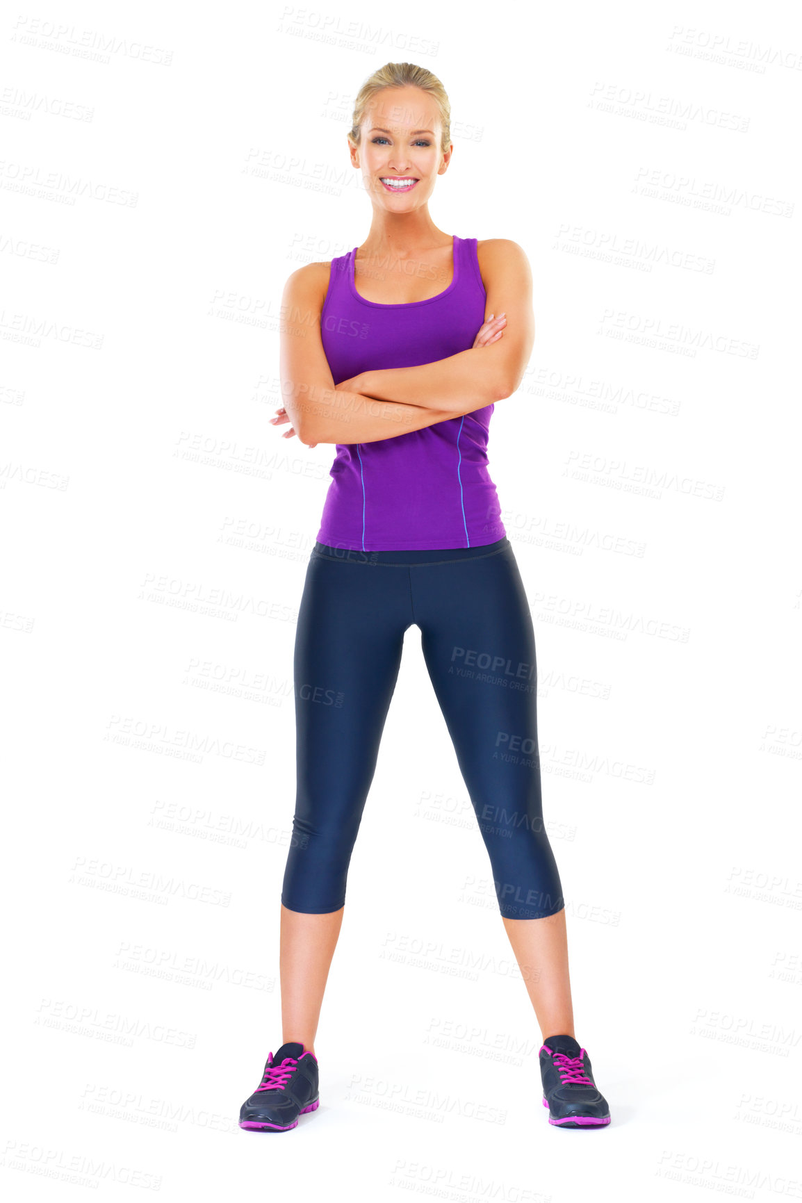 Buy stock photo Portrait, confident and woman in studio for exercise or fitness with mockup space, happiness and sportswear for workout. Female person, isolated and white background for training or cardio for health