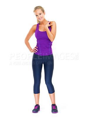 Buy stock photo Fitness, woman and healthy portrait in sportswear for workout, training and exercise against white background. Girl, active and happy in activewear for wellness, sports and running in studio