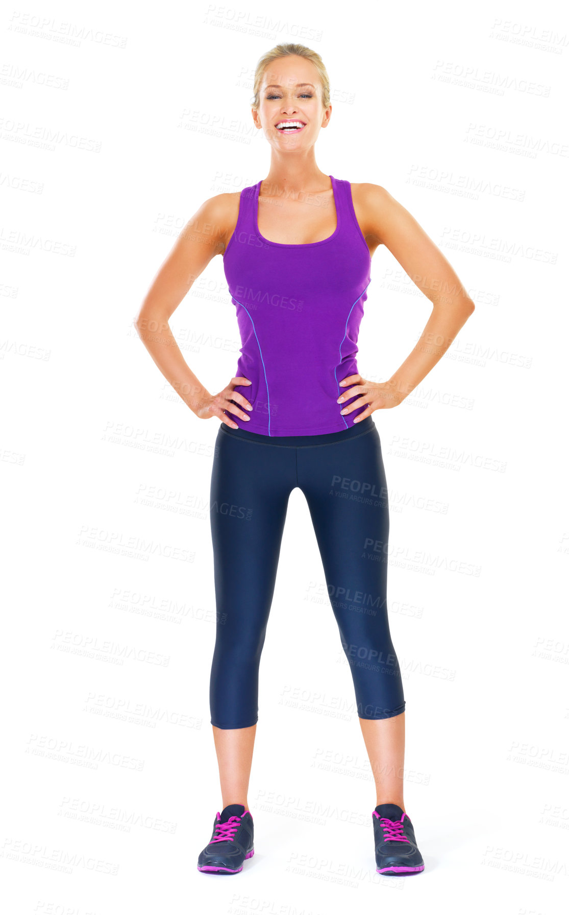 Buy stock photo Laughing, portrait or happy woman in studio for exercise, fitness or training on white background. Sports athlete, funny lady or healthy female person in Sweden ready to start workout on mockup space