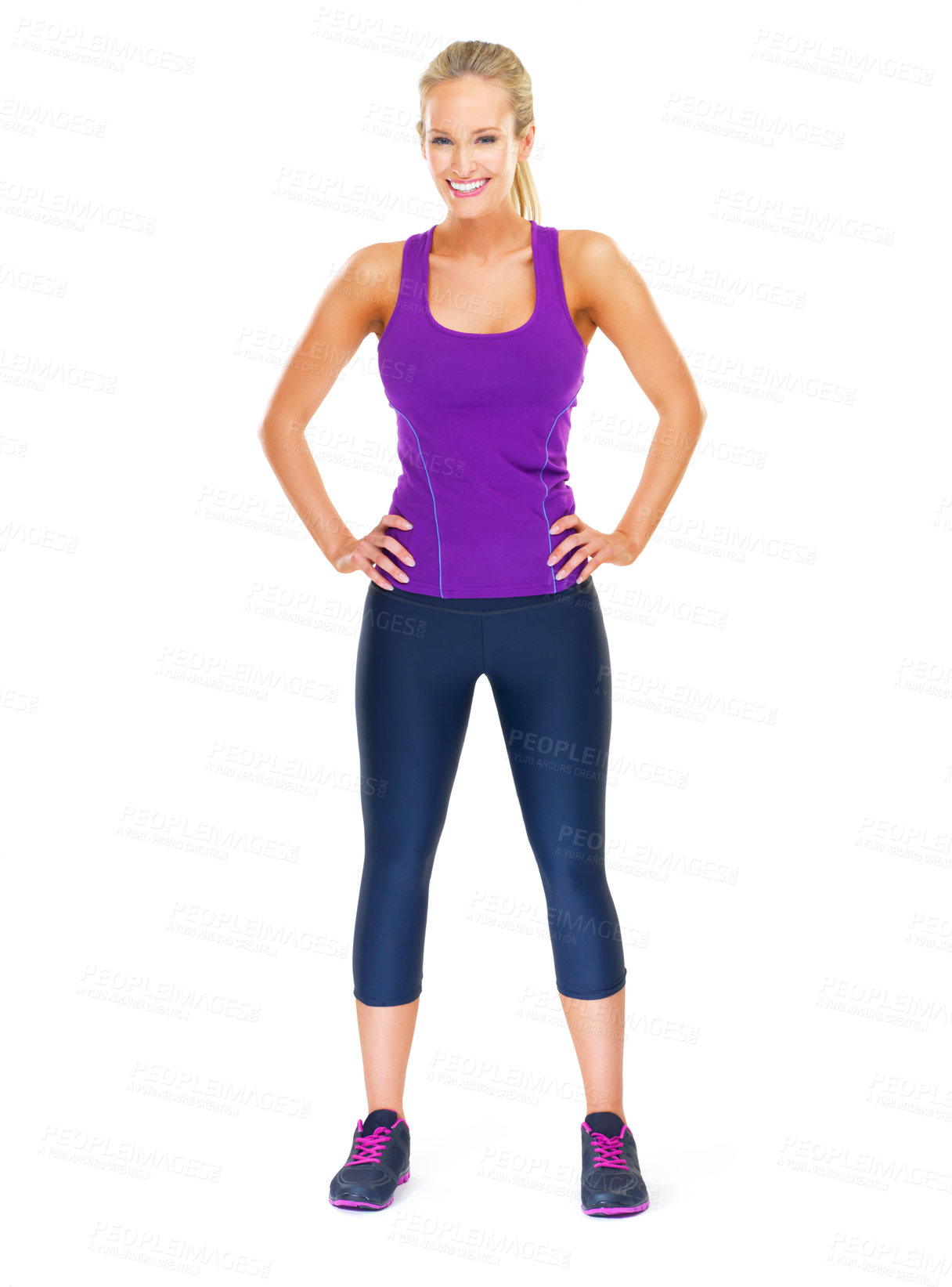 Buy stock photo Portrait, confident or woman in fitness, fashion or athleisure apparel in studio on white background. Female person, activewear or smile as ready for wellness, healthy or workout challenge on mockup