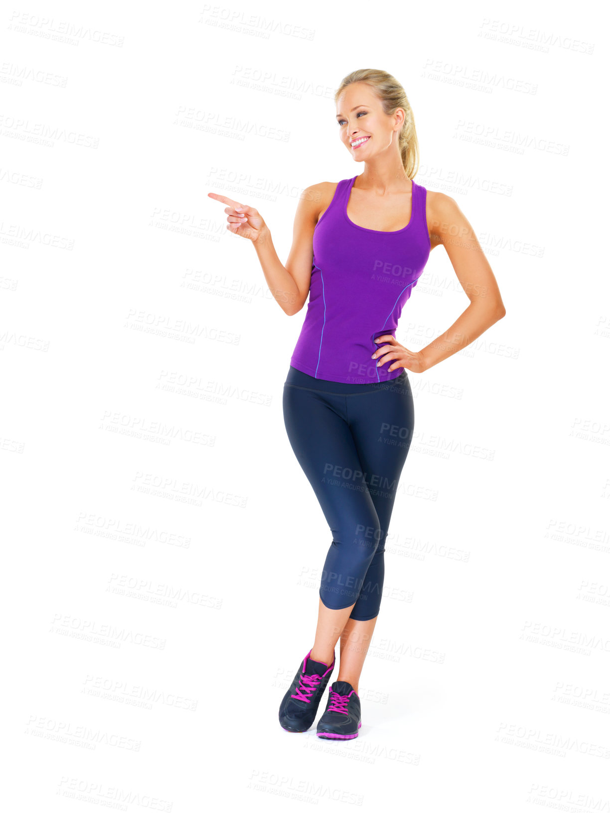 Buy stock photo Fitness, mockup or happy woman with hand pointing in studio for gym, sign up or membership on white background. Exercise, space or lady model show workout revere, feedback or body transformation tips