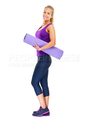 Buy stock photo Woman, mat and portrait for exercise, fitness goals or cardio for lose weight on white background. Model or young person and smile for health, workout and wellness for pilates or yoga in studio
