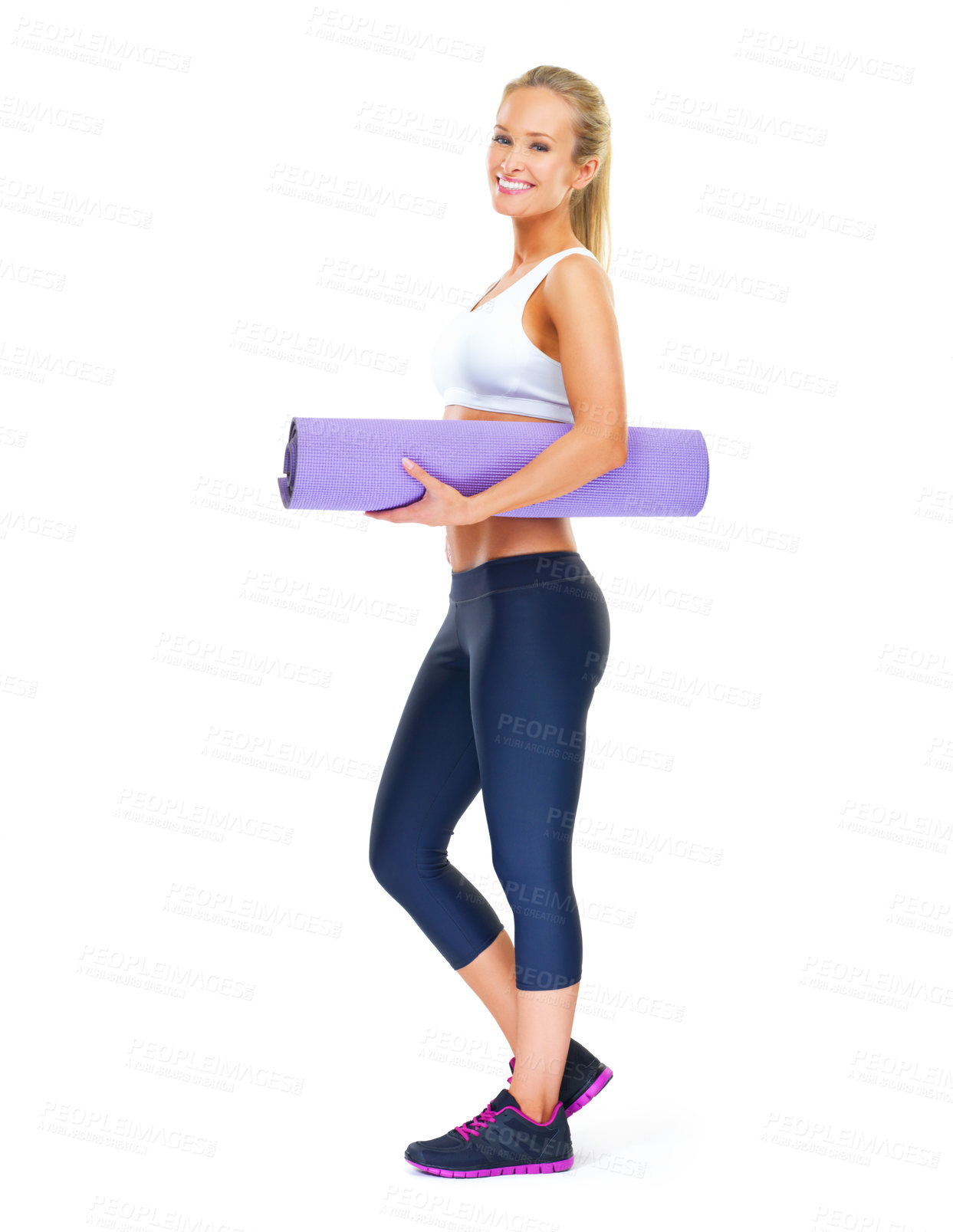 Buy stock photo Portrait, happy woman and yoga mat with white background in studio for health, wellbeing and workout with pride. Female person, activewear and pilates training for exercise, wellness and fitness