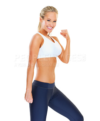 Buy stock photo Fitness, portrait and woman in studio with smile, confidence and workout routine in health, wellness and power. Energy, pride and happy girl on white background for exercise, results and body care