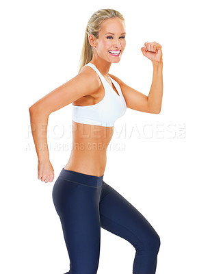 Buy stock photo Woman, smile and portrait for exercise, fitness and diet for wellness and gym on white background. Young person or model and train for health, workout and strong for runner or weightloss in studio