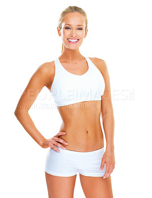 Buy stock photo Portrait, confidence and happy woman in underwear for fitness, wellness or healthy body. Slim, female person and abdomen of model for exercise, training or sport isolated on white studio background