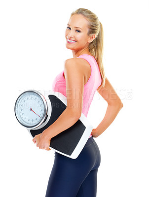 Buy stock photo Woman, portrait and scale with fitness in studio for body goal, weightloss target and burned calories with smile. Athlete, person and happiness for weighing results and wellness on white background