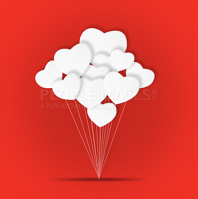 Buy stock photo Illustration, heart and creative balloons for love or devotion, care and red background. Shape, romance and symbol for valentines day celebration, icon and abstract art for support or peace emotion