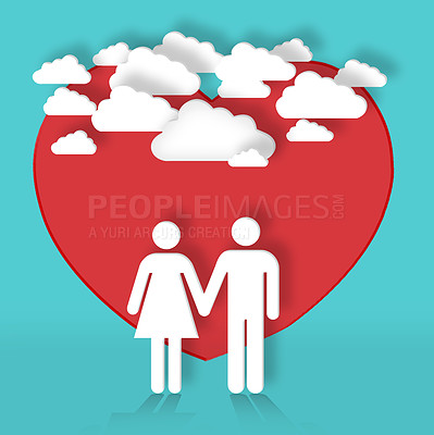 Buy stock photo Graphic, couple and cartoon of heart for love for support, valentines day or marriage symbol. Studio background, clouds or illustration of wallpaper or holding hands for care, design or romance