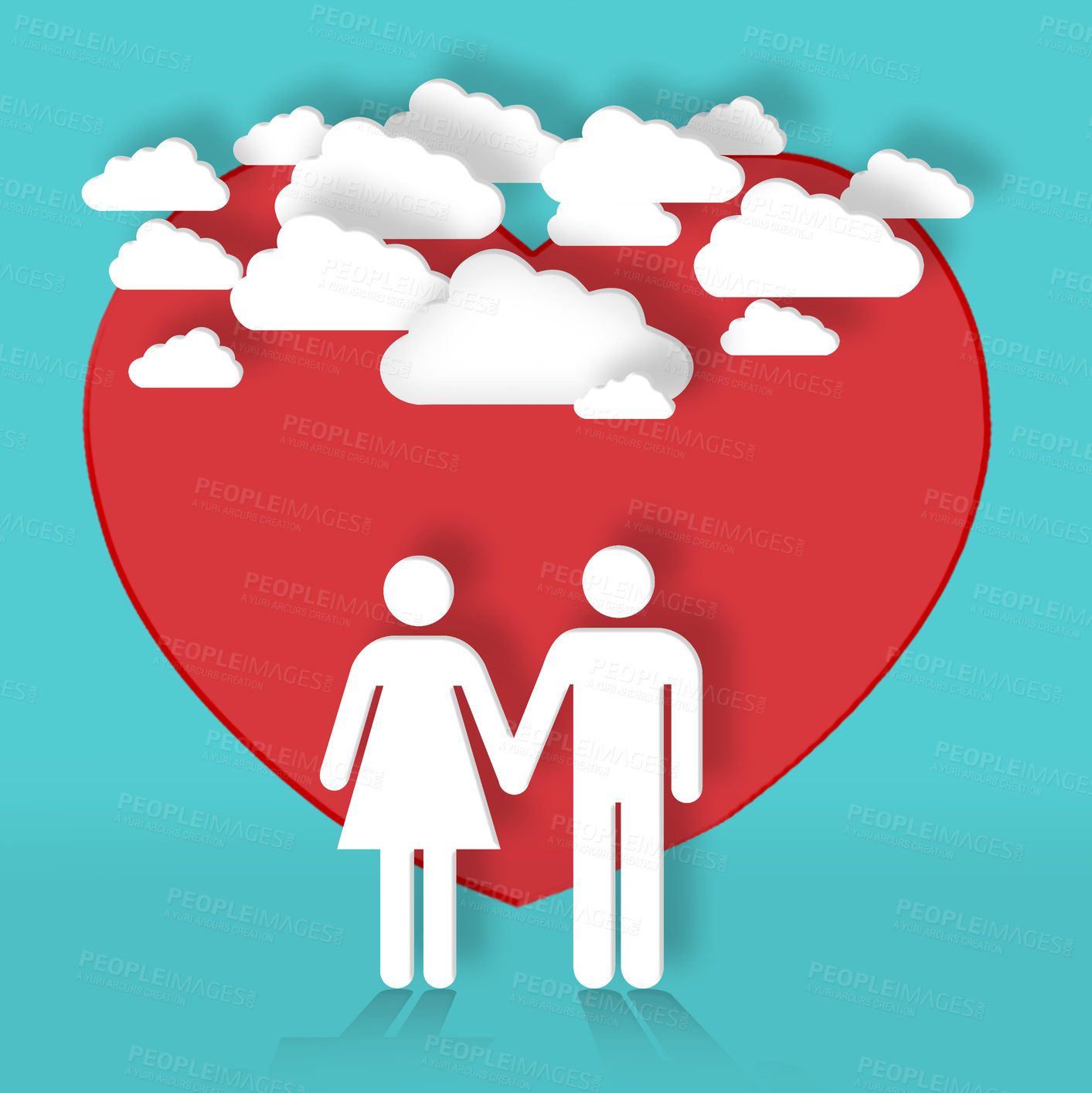 Buy stock photo Graphic, couple and cartoon of heart for love for support, valentines day or marriage symbol. Studio background, clouds or illustration of wallpaper or holding hands for care, design or romance