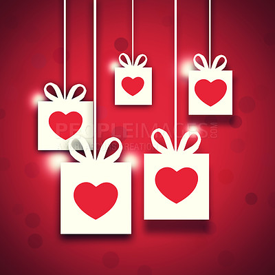 Buy stock photo Graphic, gift box or hearts for symbol of love for support, emotional connection isolated in studio. Red background, art or illustration of present, wallpaper or cartoon for care, design or romance