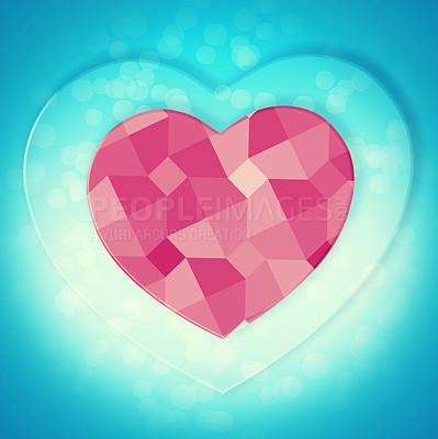 Buy stock photo Graphic, pixel and hearts for symbol of love for support, emotional connection and pink artwork. Blue background, creative or illustration wallpaper isolated in studio for care, design or romance