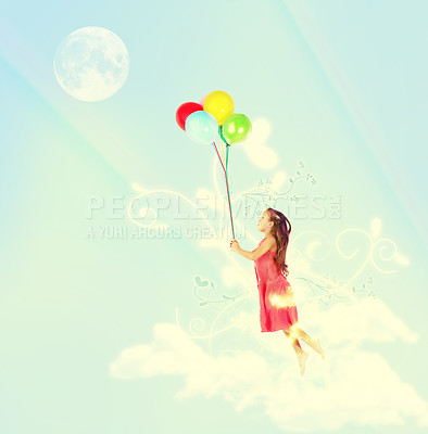 Buy stock photo A young girl being lifted in the air by a bunch of colorful balloons