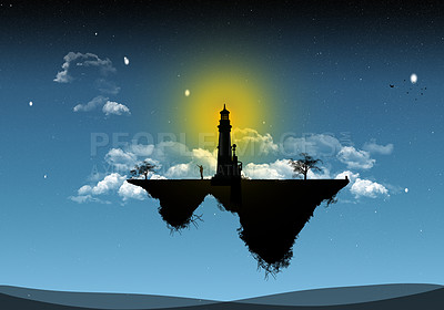 Buy stock photo Sky, abstract and illustration of lighthouse silhouette for peace or fantasy at night with graphic drawing. Creative, natural and island float with clouds, calm and dream with nature for travel