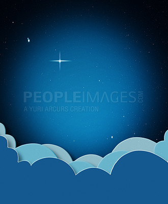 Buy stock photo Cartoon, digital illustration and clouds in sky for nature, fantasy and peace with stars on dark night or galaxy. Light, atmosphere and air space with graphic drawing for dream, creativity and calm