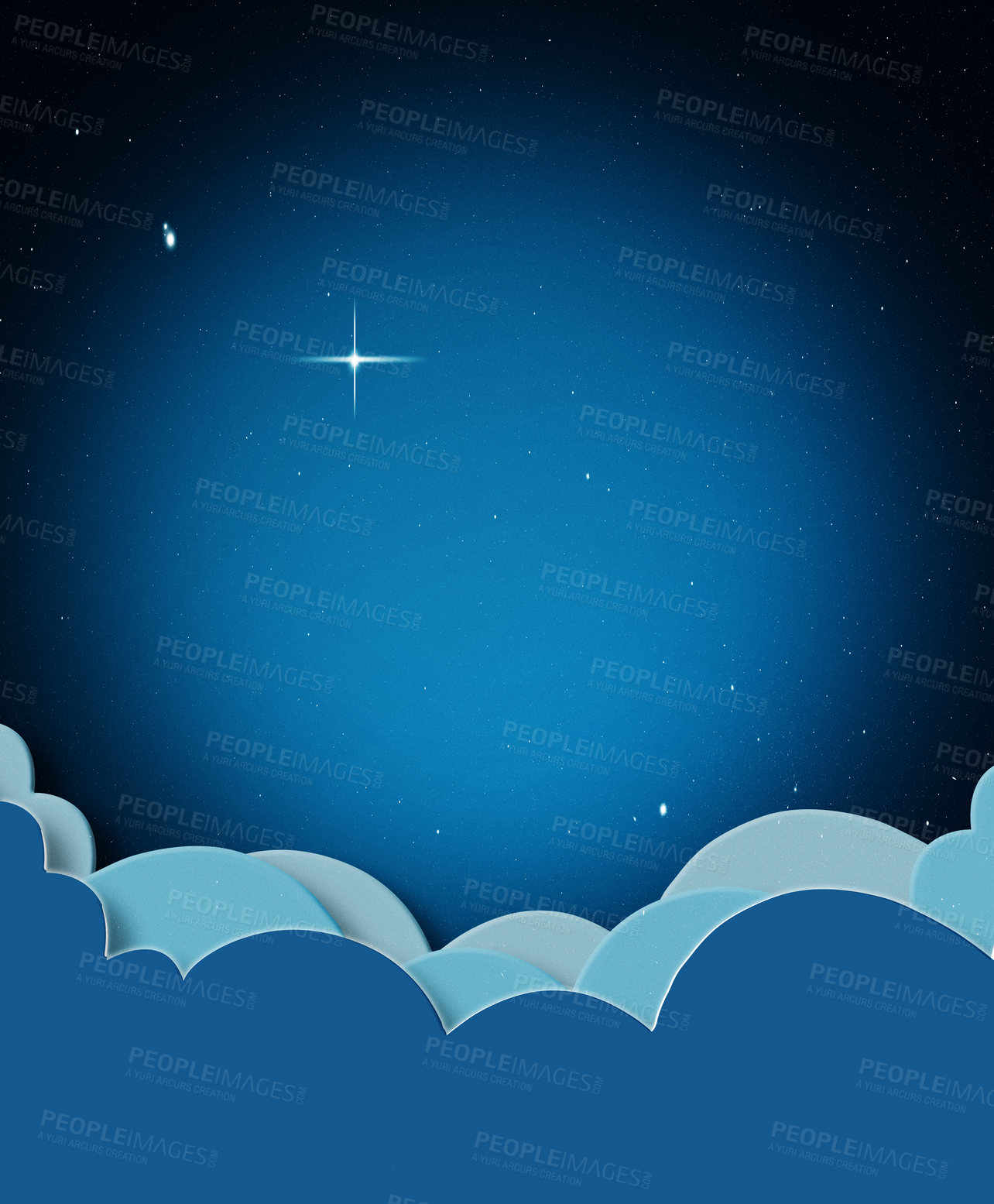 Buy stock photo Cartoon, digital illustration and clouds in sky for nature, fantasy and peace with stars on dark night or galaxy. Light, atmosphere and air space with graphic drawing for dream, creativity and calm