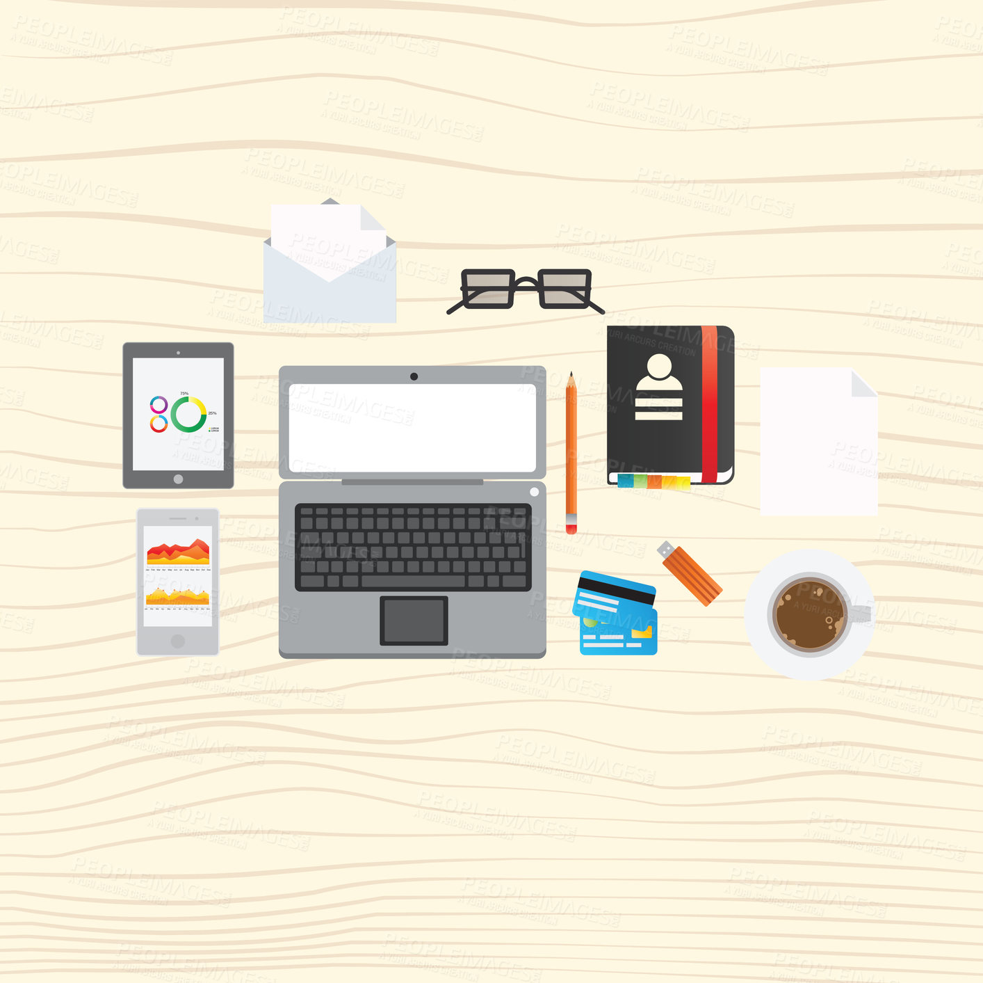 Buy stock photo Business, illustration and icons for laptop, cellphone and notebook for design with creative technology on desk. Corporate, digital and graphic with computer, phone and tablet on beige background