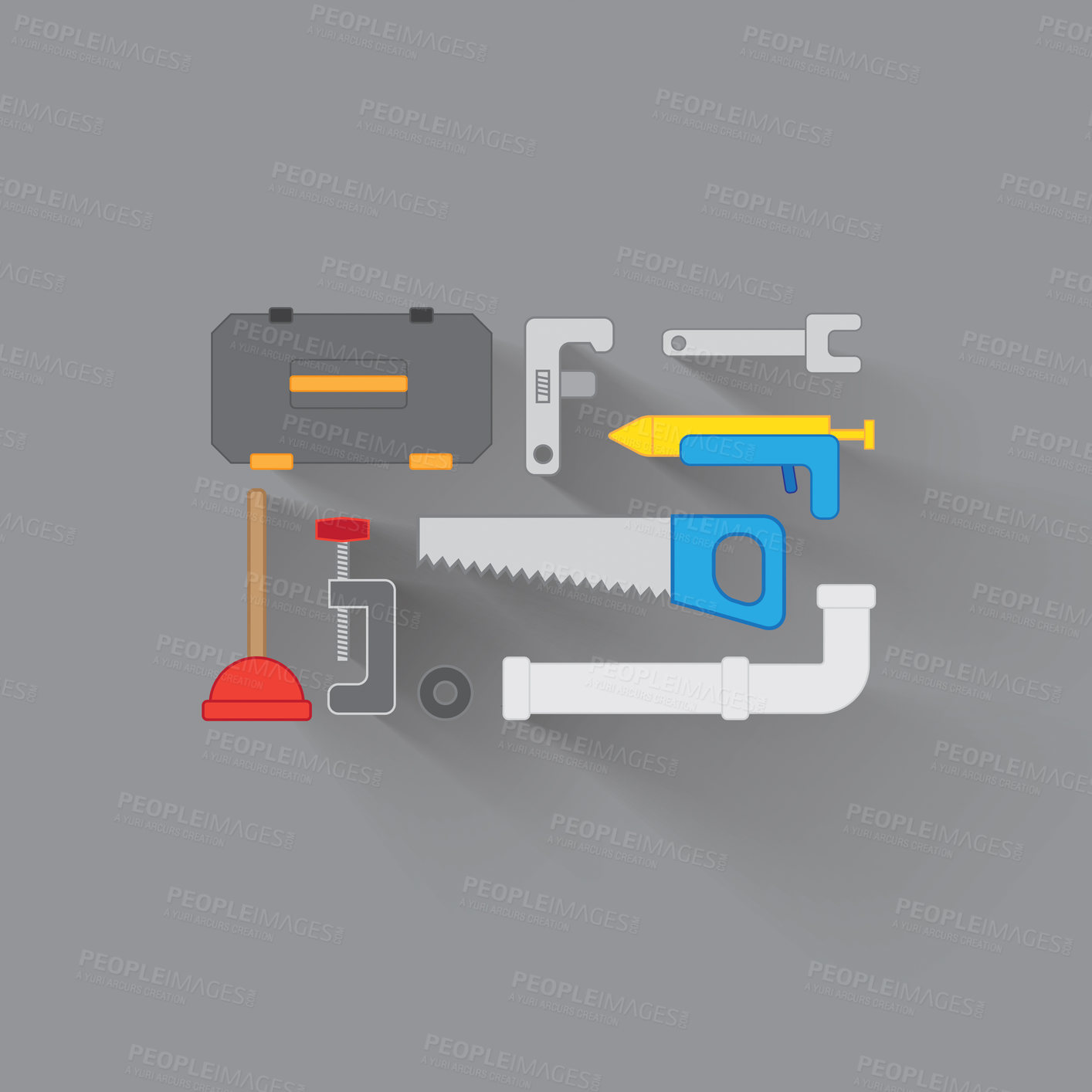 Buy stock photo Abstract, tools and equipment for maintenance icon with kit and grinder for house chores or plumbing. Box, illustration for construction or renovation with screws for repairman and instruments 