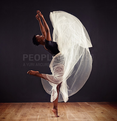 Buy stock photo Creative, woman and dancing with fitness, wellness and artistic in a studio for training and performance. Practice, person or girl in a recreation center or activity with hobby or moving with balance