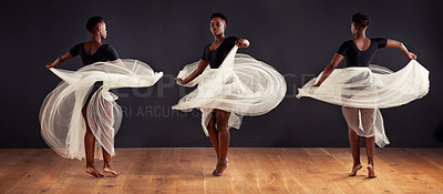 Buy stock photo Montage of a young female contemporary dancer using a soft white white skirt for dramatic effect