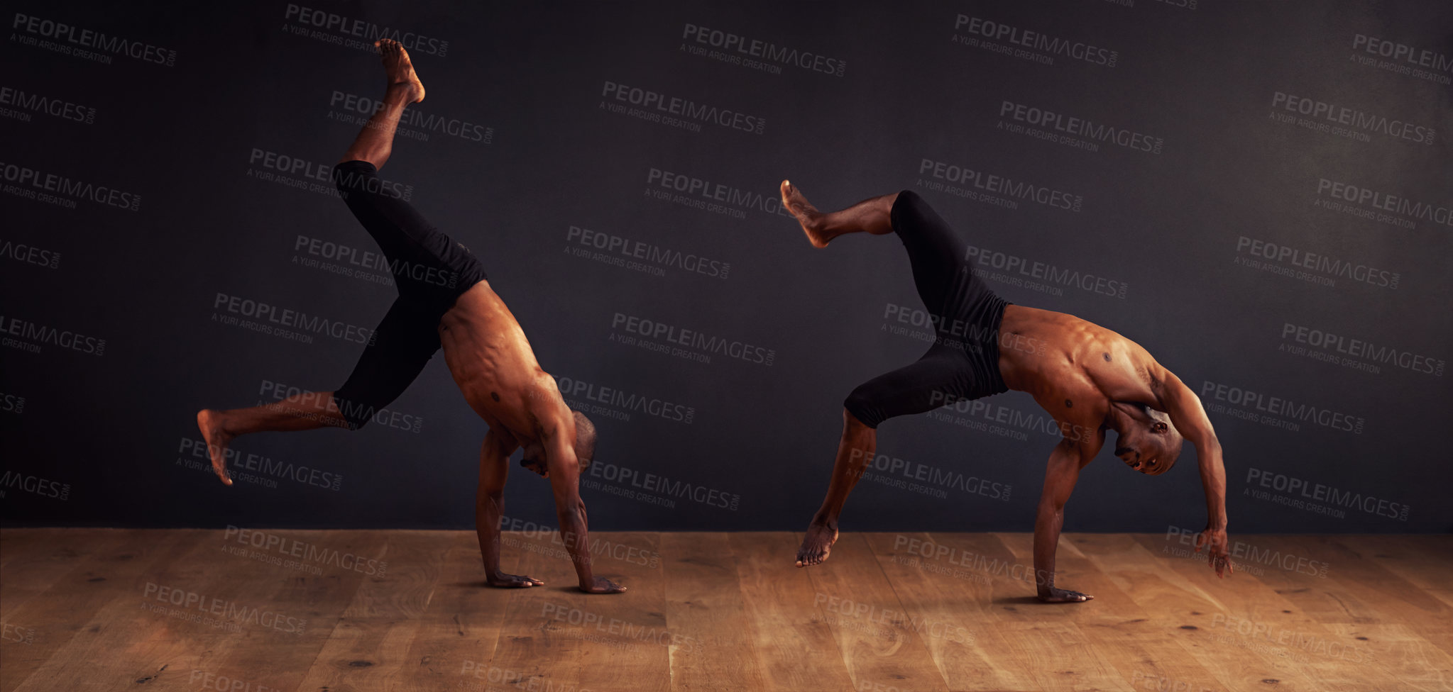 Buy stock photo Movement, dancer and contemporary in studio for acrobatics, competition and training. Composite, balance and young black man for professional, performance arts and workout with dark background