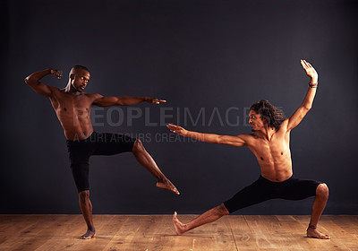 Buy stock photo Performance, people and contemporary in dance studio for training, competition and routine. Collaboration, balance and diverse young men for professional, practice and workout with dark background