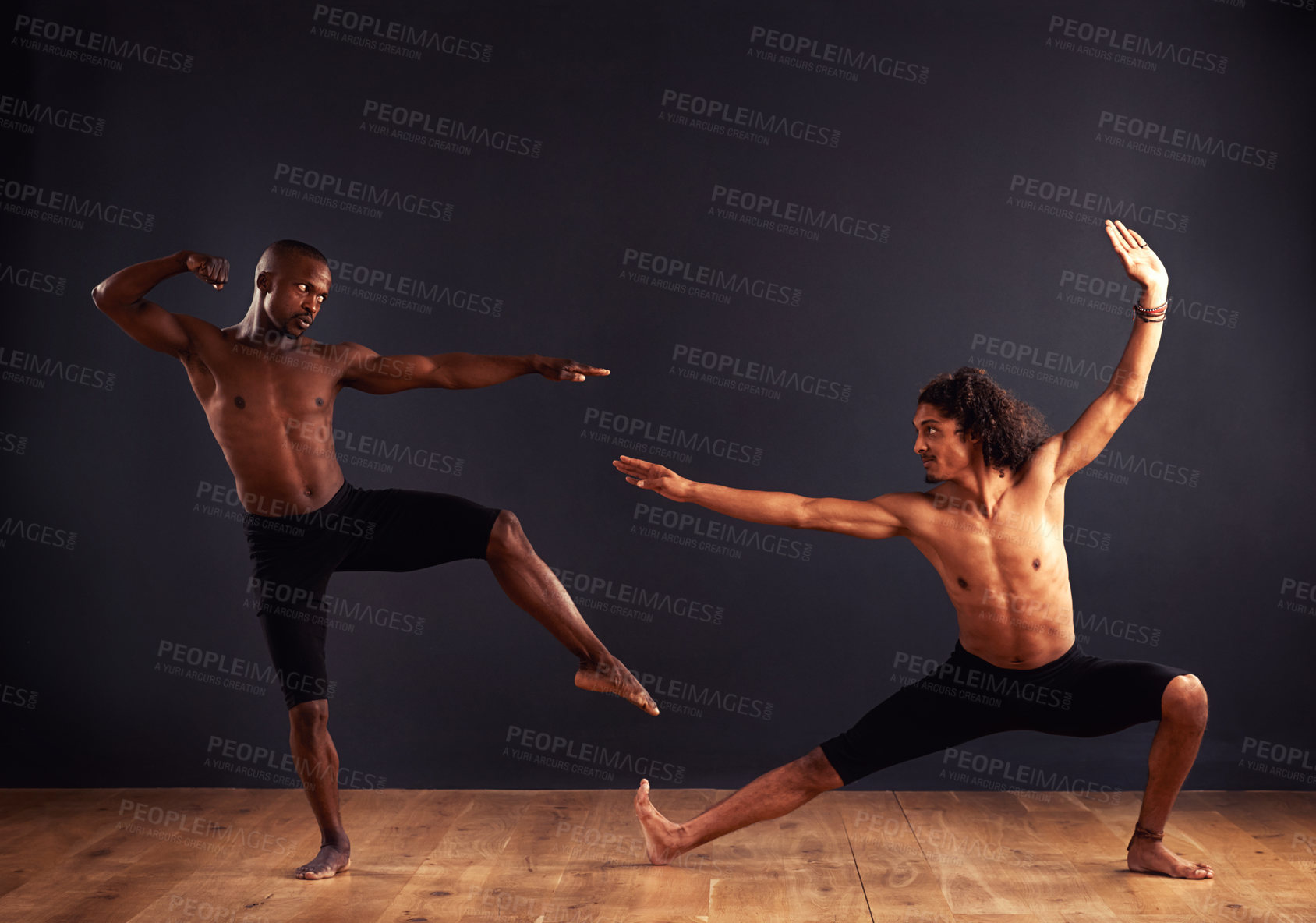 Buy stock photo Performance, people and contemporary in dance studio for training, competition and routine. Collaboration, balance and diverse young men for professional, practice and workout with dark background