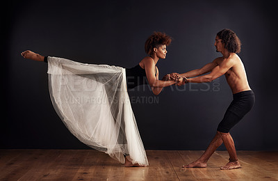 Buy stock photo Contemporary, man and woman for dancing in studio with performance, training and practice lesson for art. Partnership, people and choreography routine with movement, passion and skill for expression