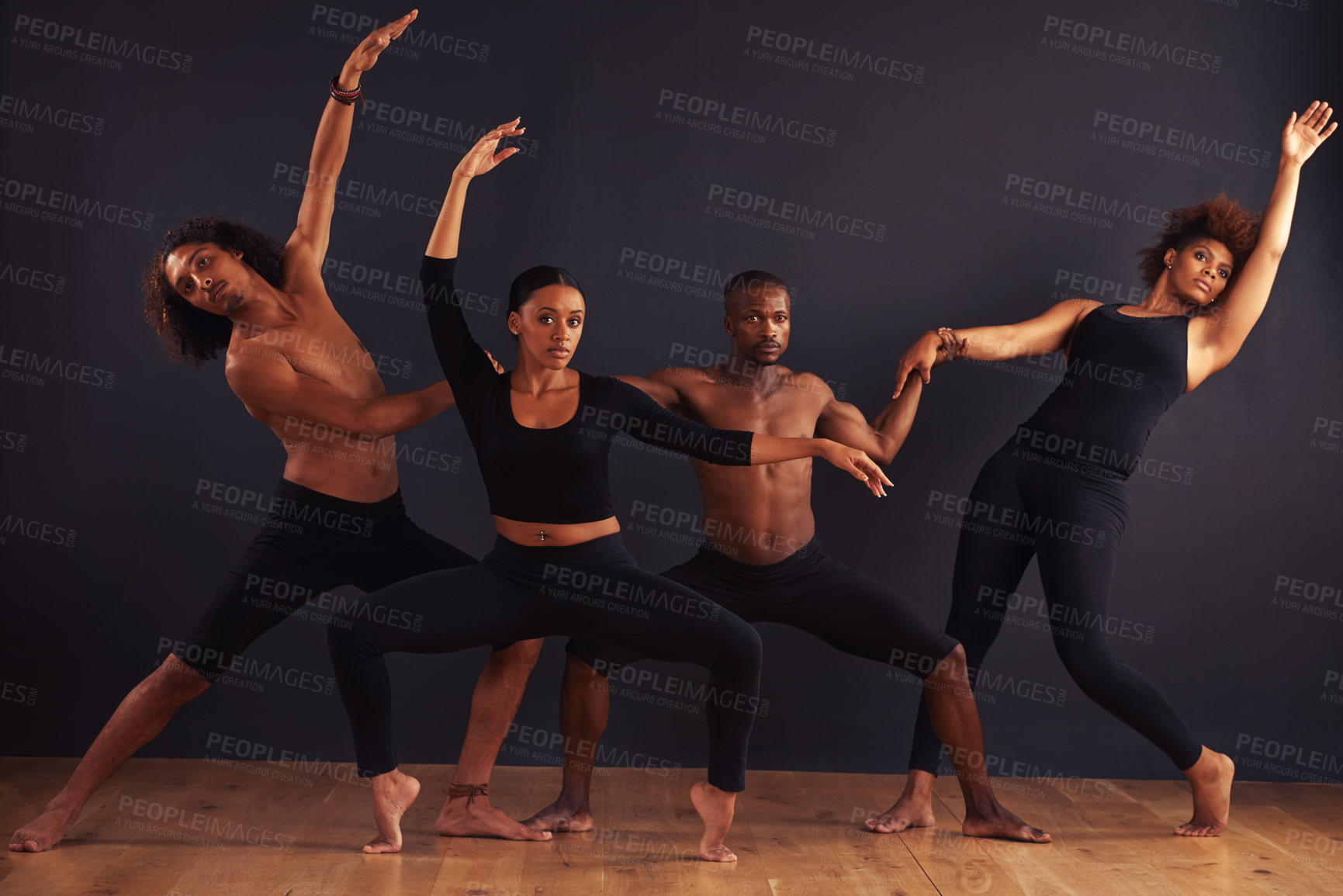 Buy stock photo Performance, theatre and portrait of group dancing, creative and art of body, moving and passion. Black background, men and woman with pride, confident and people with balance, stage and ballet