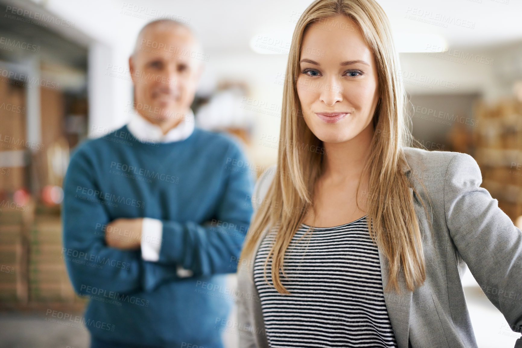 Buy stock photo Pride, management and portrait of business people in warehouse with confidence, logistics or distribution. Man, woman and happy team at cargo storage factory with smile, partnership and leadership