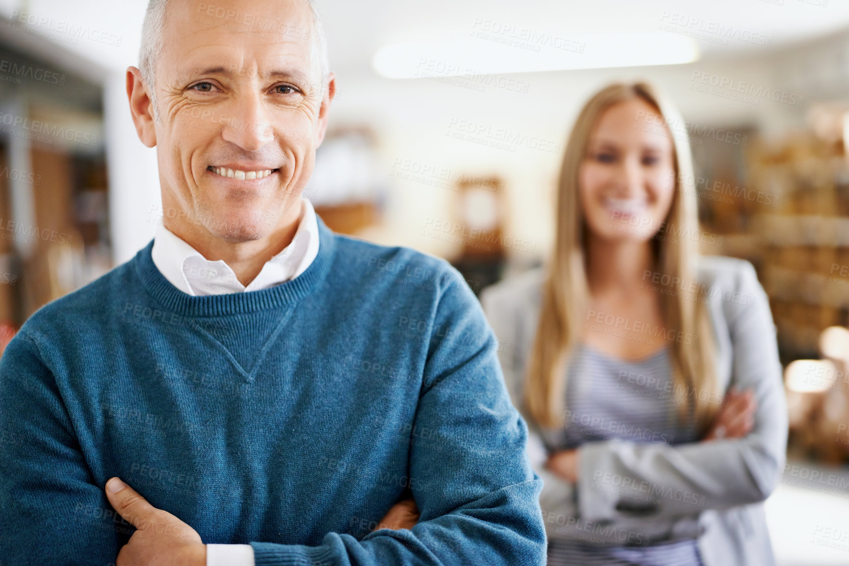 Buy stock photo Mature, man and portrait of manager with arms crossed in warehouse for confidence or leadership in logistics industry. 
Collaboration, executive and employer with happiness for career and service 