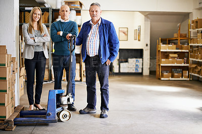 Buy stock photo Team, portrait and people in distribution warehouse, supply chain and logistic industry with pallet jack for boxes. Shipping, supplier and delivery with storage facility and inventory with management