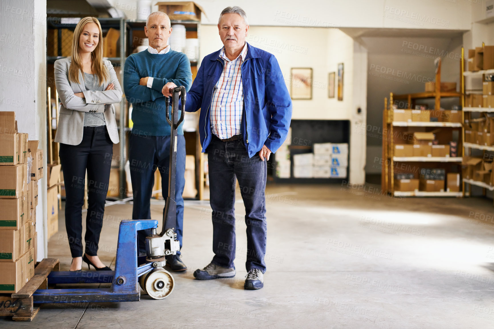 Buy stock photo Team, portrait and people in distribution warehouse, supply chain and logistic industry with pallet jack for boxes. Shipping, supplier and delivery with storage facility and inventory with management