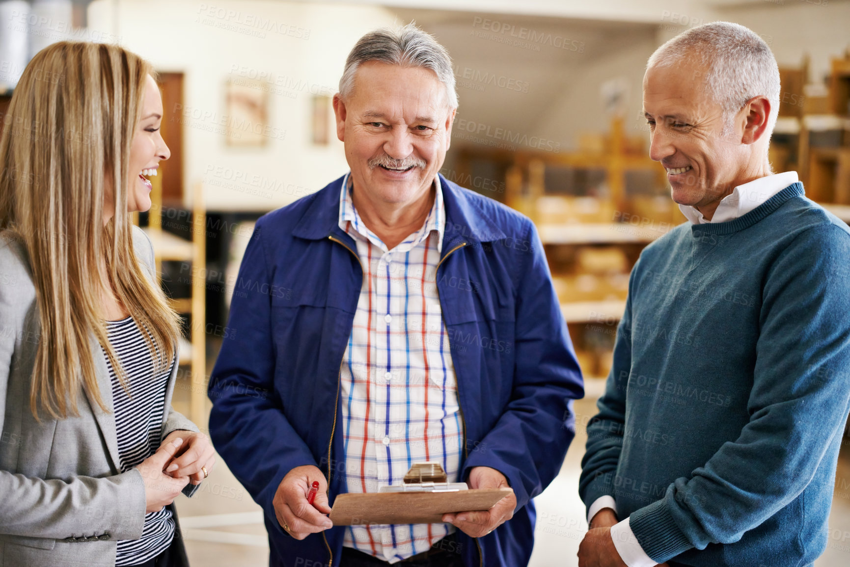 Buy stock photo Portrait, delivery man or clients in logistics, warehouse or efficient distribution of sales order. Businesspeople, paperwork or smile at compliance, trust or audit of stock management in business