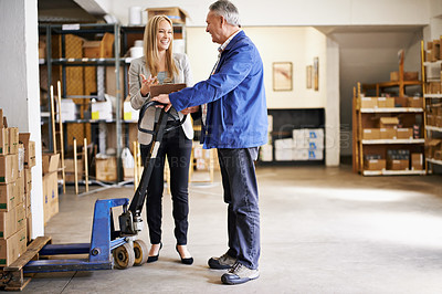 Buy stock photo People, manager and clipboard for inventory management in warehouse, distribution and logistics industry with discussion. Checklist, inspection and pallet jack for boxes with supply chain and storage