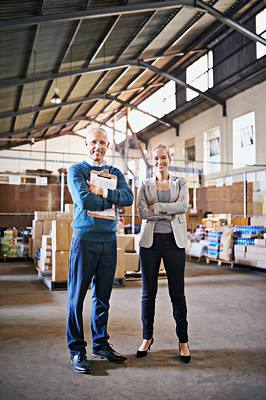 Buy stock photo Confidence, portrait and business people in warehouse together with package, logistics and distribution. Export, commerce and service team at cargo storage factory with clipboard, pride and smile