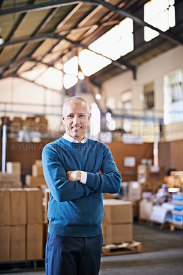 Buy stock photo Arms crossed, smile and portrait of man in warehouse for cargo, storage and shipping. Distribution, ecommerce and logistics with employee in factory plant for supply chain, package and wholesale