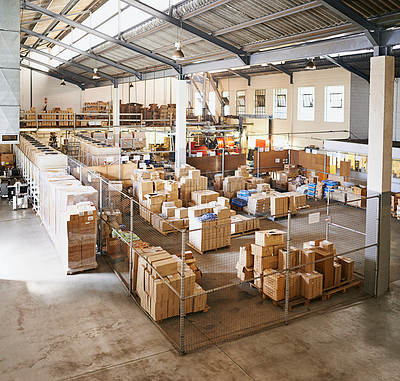 Buy stock photo Boxes, packaging and factory warehouse for distribution cargo for supply chain import, ecommerce or order. Business, delivery and manufacturing inventory for company storage, logistics or shipping
