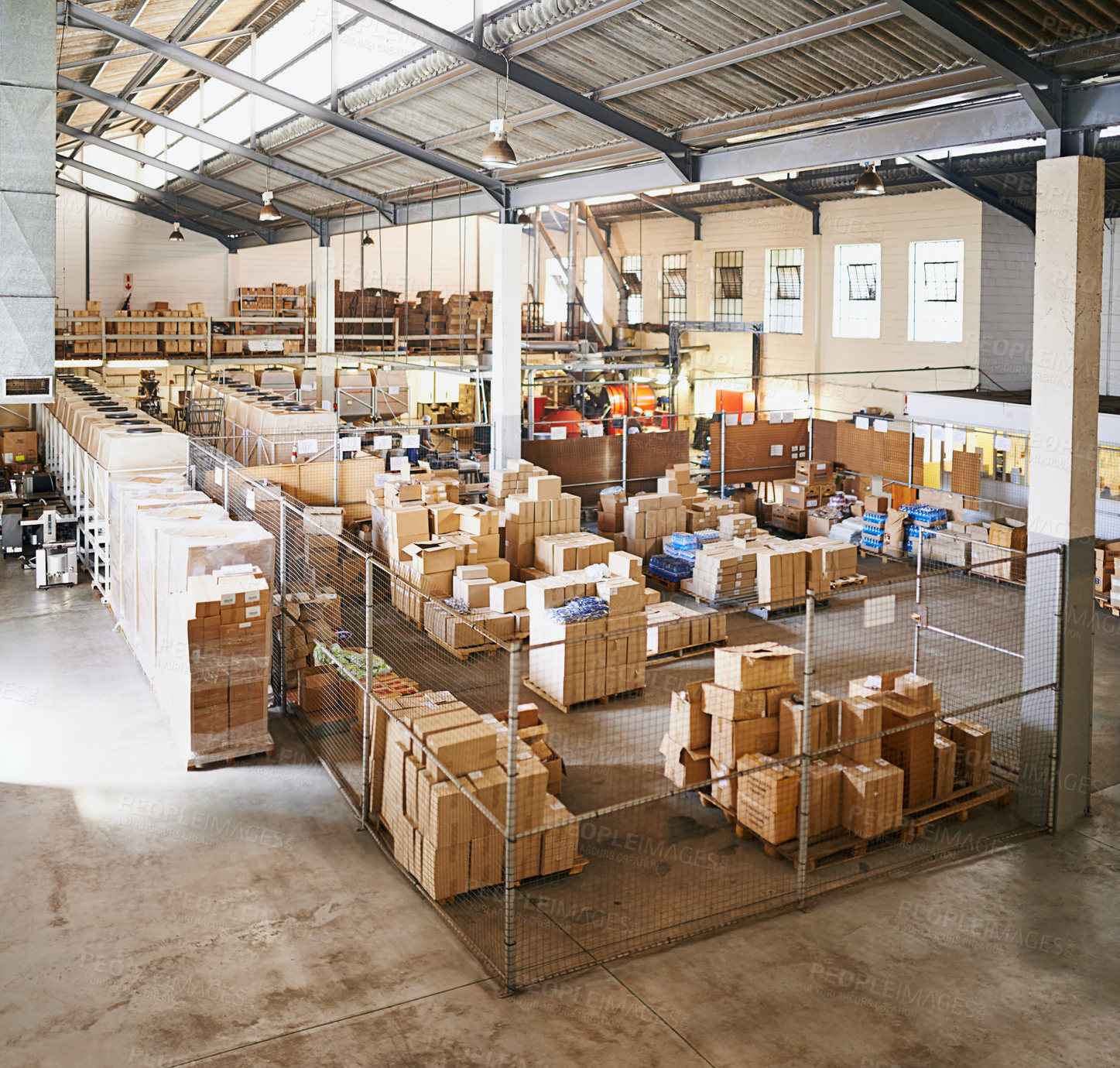 Buy stock photo Boxes, packaging and factory warehouse for distribution cargo for supply chain import, ecommerce or order. Business, delivery and manufacturing inventory for company storage, logistics or shipping